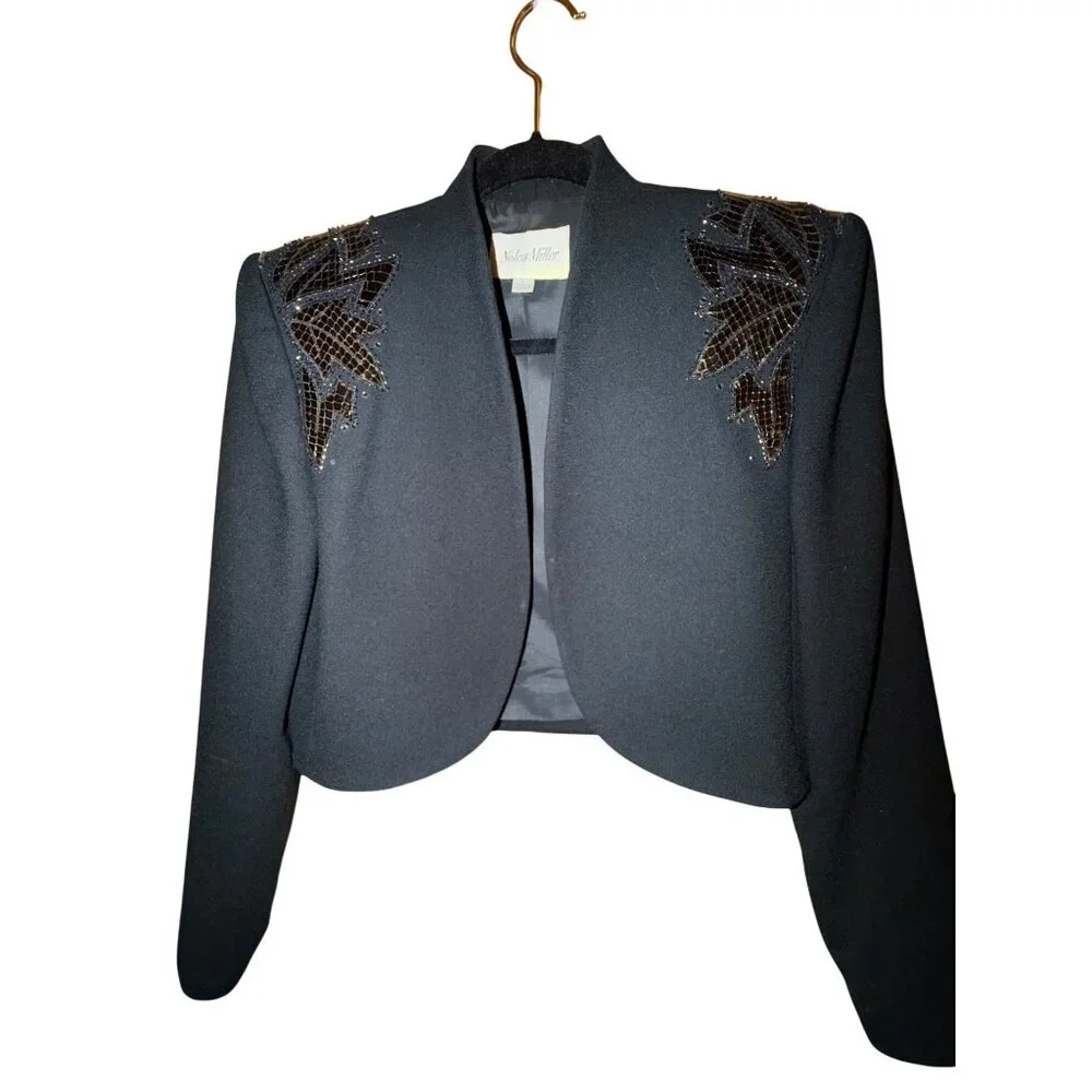 Nolan Miller Womens Bolero Jacket Skirt Set Size 6 Black Wool Snakeskin Beaded - Picture 7 of 13